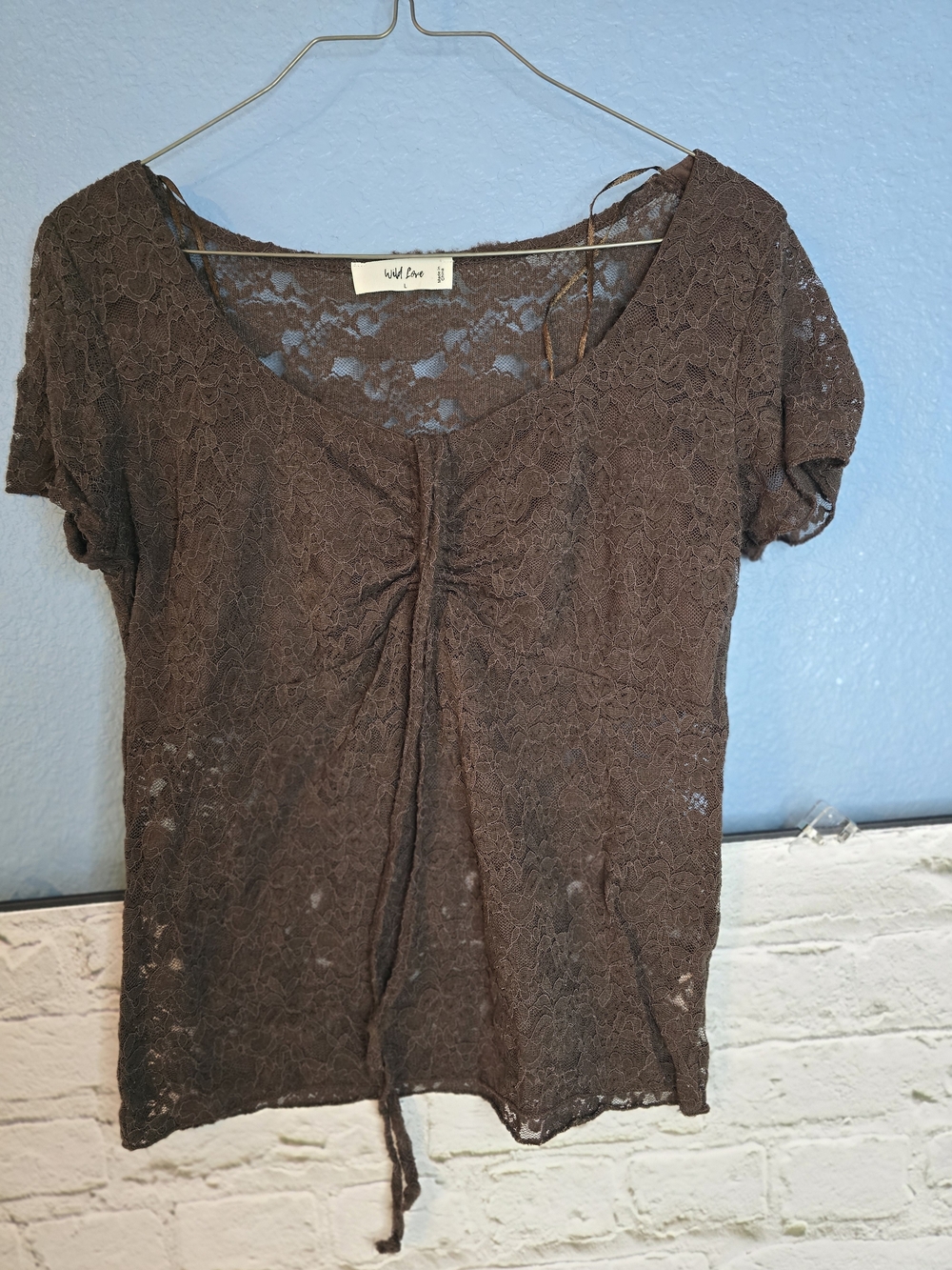 Wild Love Brown Lace Short Sleeve Tie-Front Top Sz L